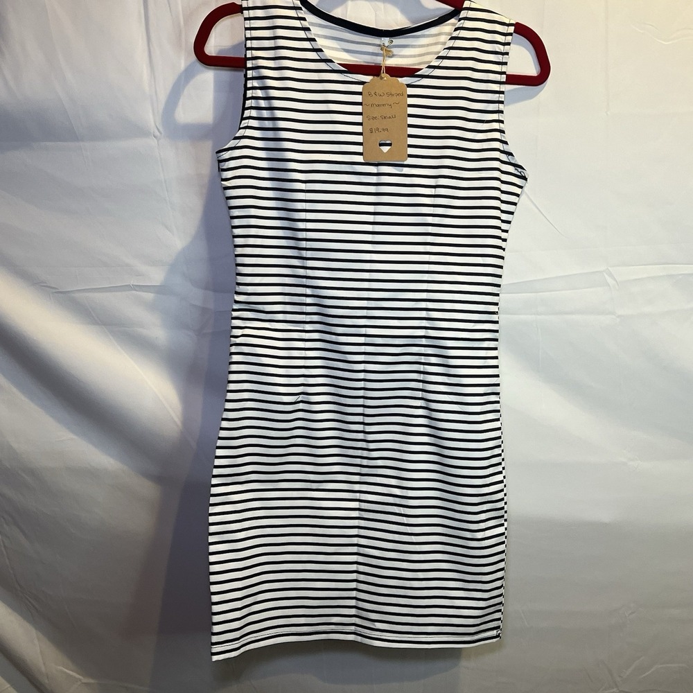 Boutique Sleeveless Sheath‎ Dress Small S White Black Striped Nautical Casual